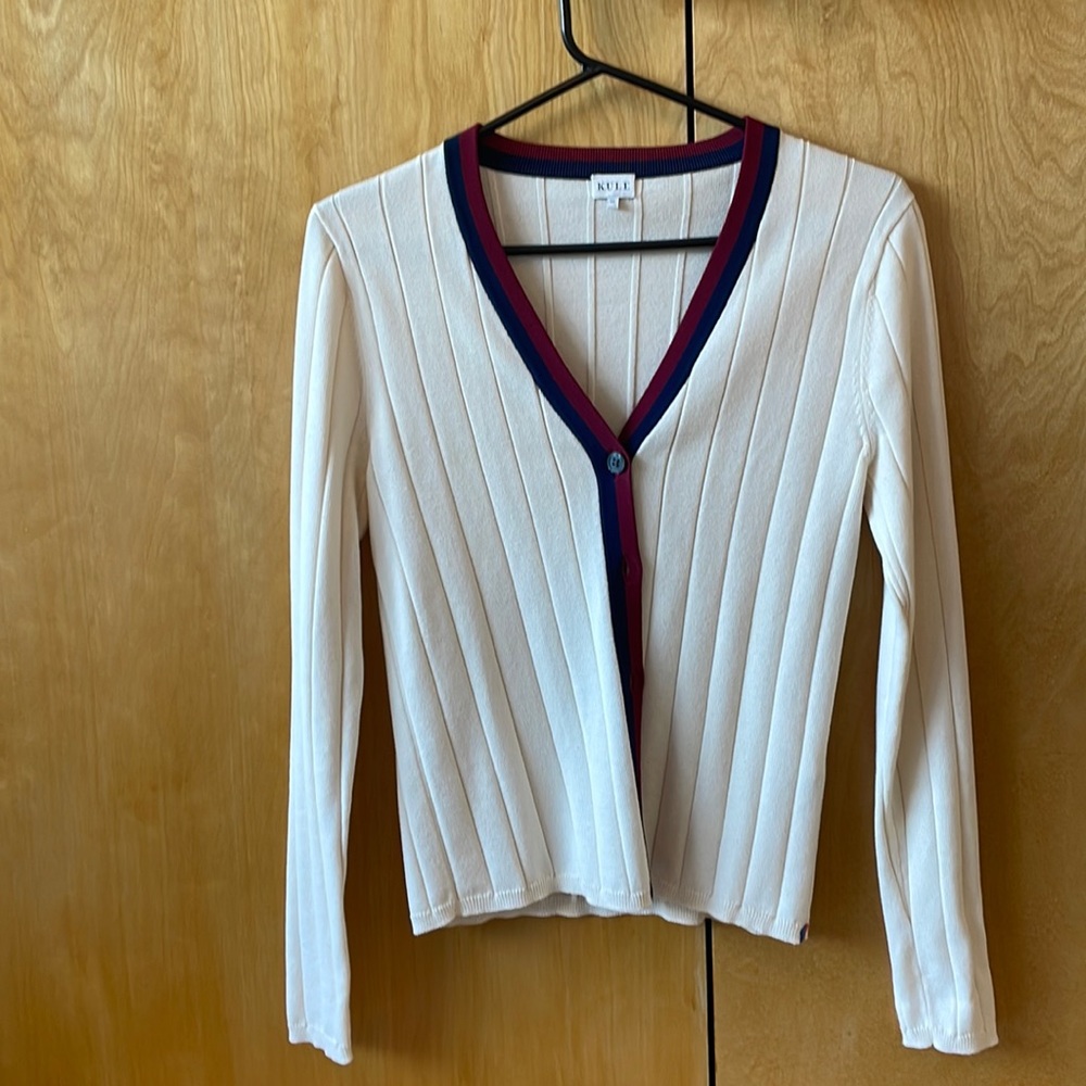 KULE navy and burgundy, stripe, cream cardigan